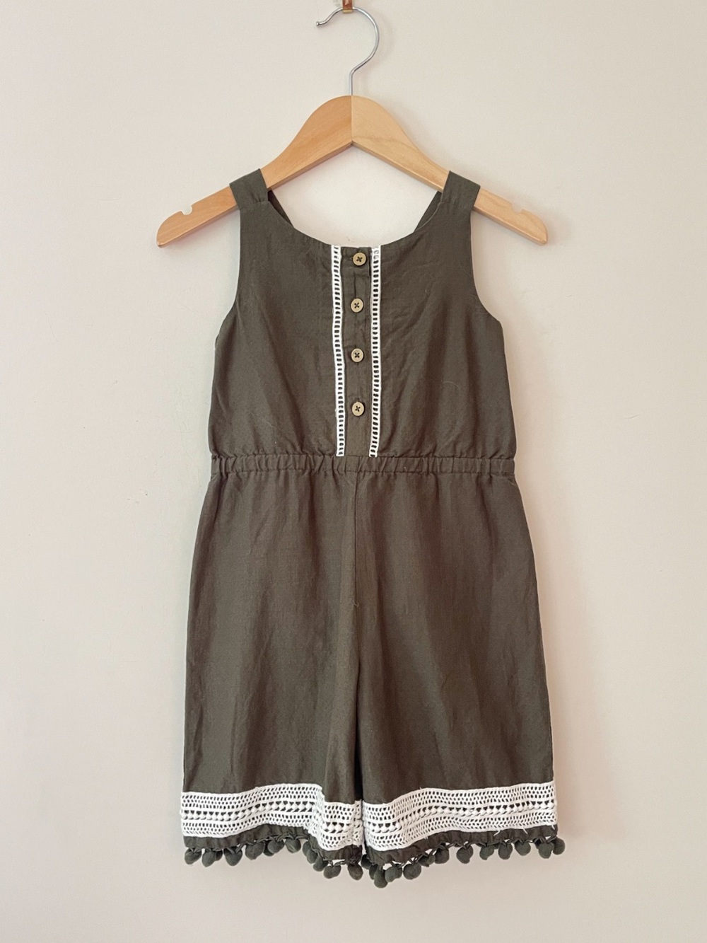 TOMMY BAHAMA NWOT Olive Green Light Weight Bohemian Pom Pom Wide Leg Romper